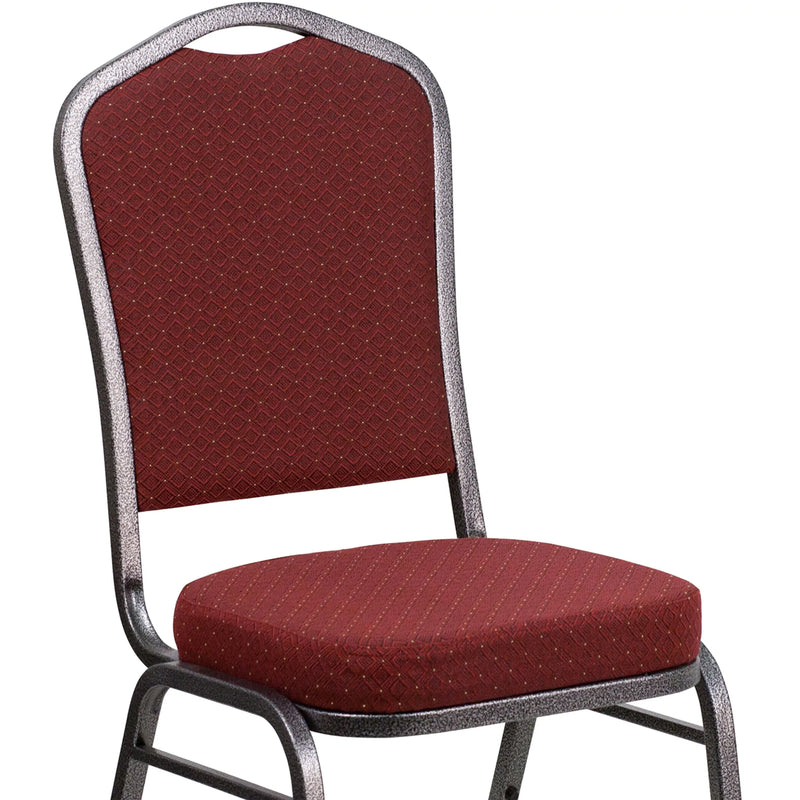 Katherine Crown Back Stacking Banquet Chair, Burgundy Patterned Fabric - Silver Vein Frame iHome Studio