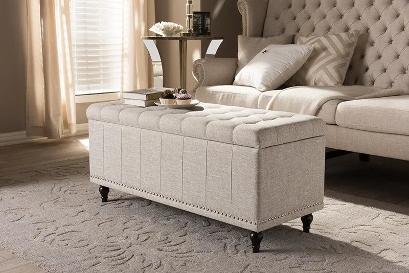 Kaylee Beige Fabric Upholstered Button-Tufting Storage Ottoman Bench iHome Studio