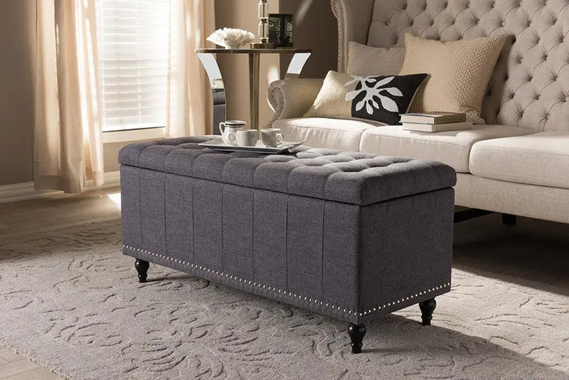 Kaylee Dark Grey Fabric Upholstered Button-Tufting Storage Ottoman Bench iHome Studio