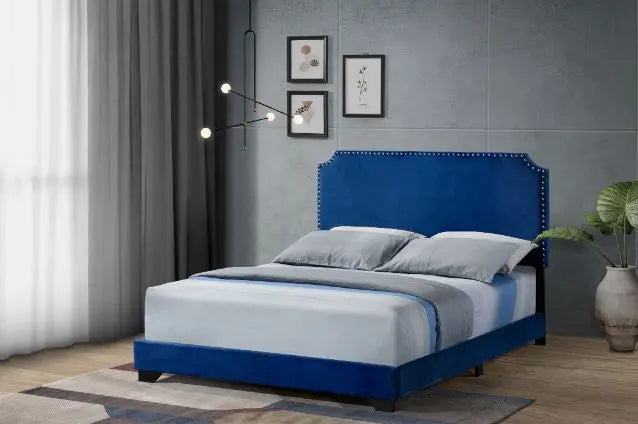 Kendra Queen Bed, Blue Fabric iHome Studio