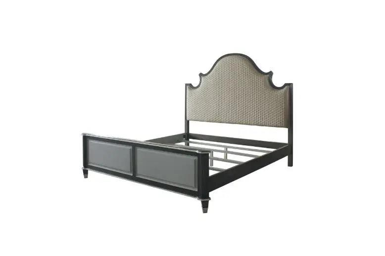 Kenna Queen Bed, Two Tone Beige Fabric, Charcoal & Light Gray Finish iHome Studio