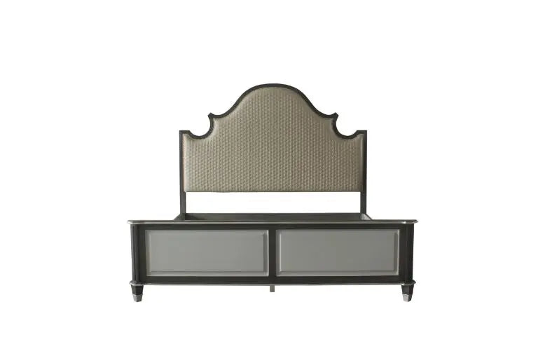 Kenna Queen Bed, Two Tone Beige Fabric, Charcoal & Light Gray Finish iHome Studio