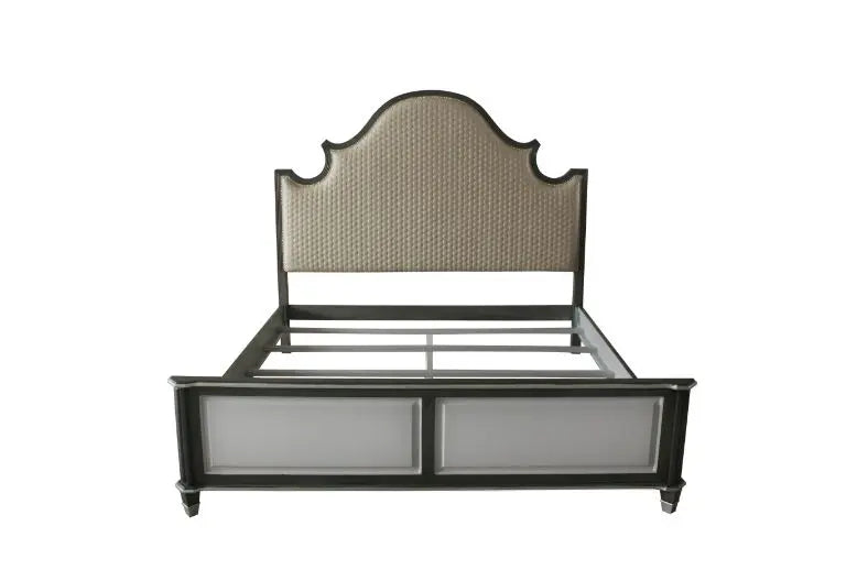 Kenna Queen Bed, Two Tone Beige Fabric, Charcoal & Light Gray Finish iHome Studio