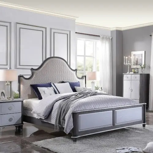 Kenna Queen Bed, Two Tone Beige Fabric, Charcoal & Light Gray Finish iHome Studio