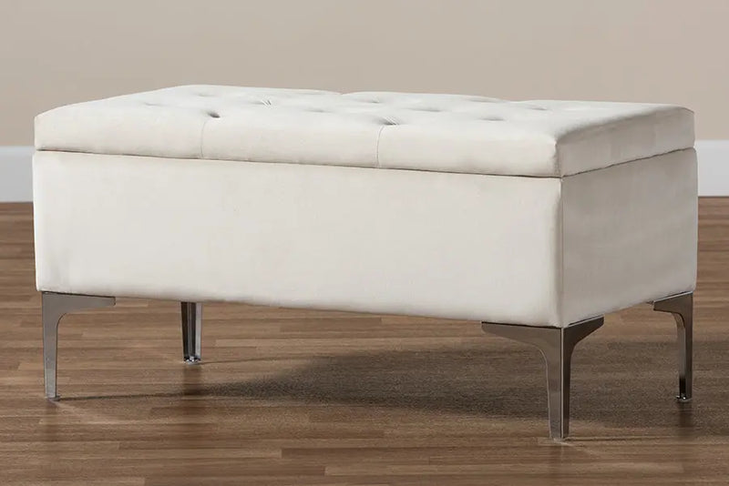 Keswick Beige Velvet Fabric Upholstered Silver Finished Storage Ottoman iHome Studio