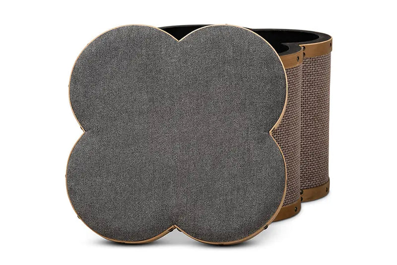 Keswick Grey/Brown Fabric Upholstered 2-Piece Clover Shaped Storage Ottoman Set iHome Studio