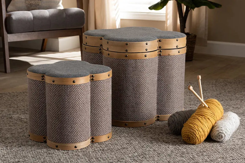 Keswick Grey/Brown Fabric Upholstered 2-Piece Clover Shaped Storage Ottoman Set iHome Studio
