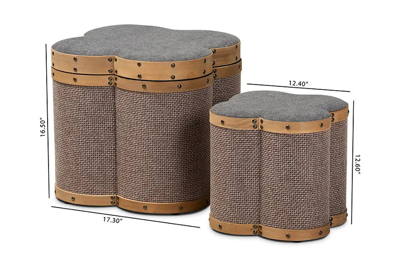 Keswick Grey/Brown Fabric Upholstered 2-Piece Clover Shaped Storage Ottoman Set iHome Studio