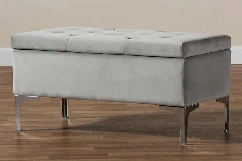 Keswick Grey Velvet Fabric Upholstered Silver Finished Storage Ottoman iHome Studio