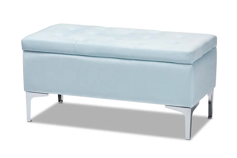 Keswick Light Blue Velvet Fabric Upholstered Silver Finished Storage Ottoman iHome Studio