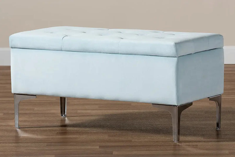 Keswick Light Blue Velvet Fabric Upholstered Silver Finished Storage Ottoman iHome Studio