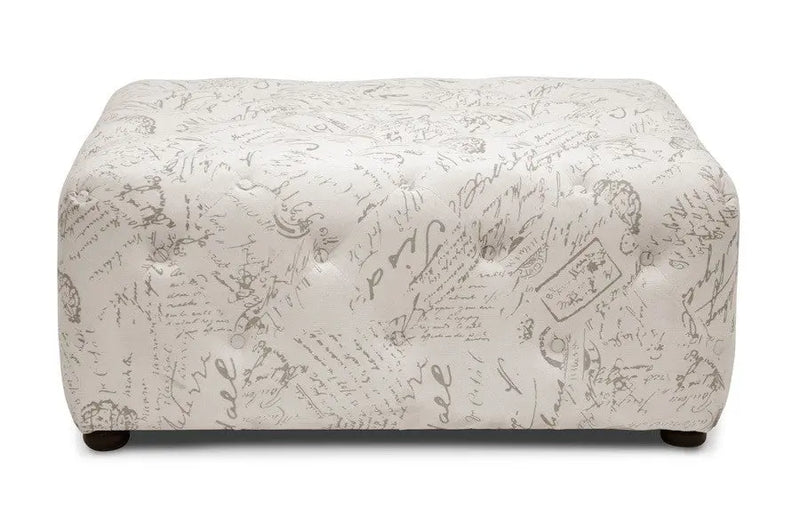 Kevin Beige Linen Upholstery Script Print Modern Tufted Ottoman iHome Studio