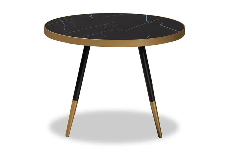 Kimberly Round Glossy Marble Metal Coffee Table w/Two-Tone Black and Gold Legs iHome Studio