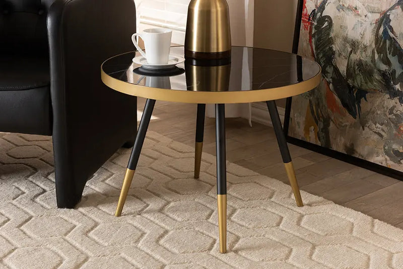Kimberly Round Glossy Marble Metal Coffee Table w/Two-Tone Black and Gold Legs iHome Studio