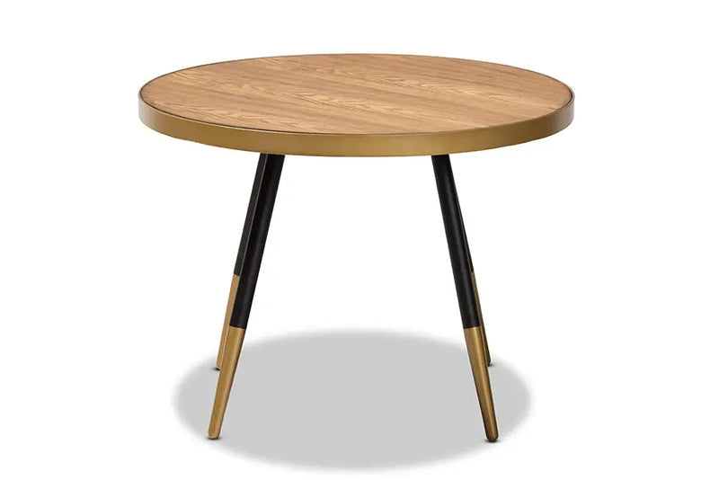Kimberly Round Walnut Wood Metal Coffee Table w/Two-Tone Black and Gold Legs iHome Studio