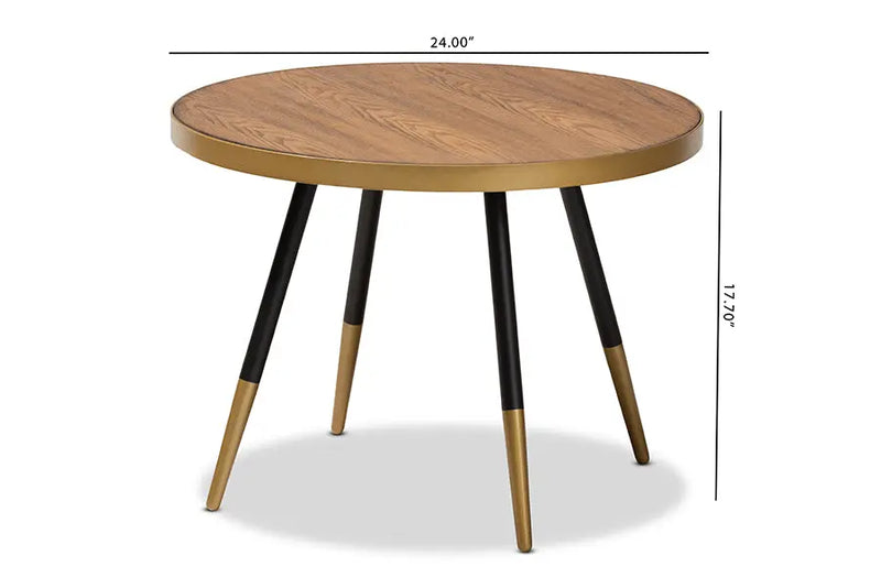 Kimberly Round Walnut Wood Metal Coffee Table w/Two-Tone Black and Gold Legs iHome Studio