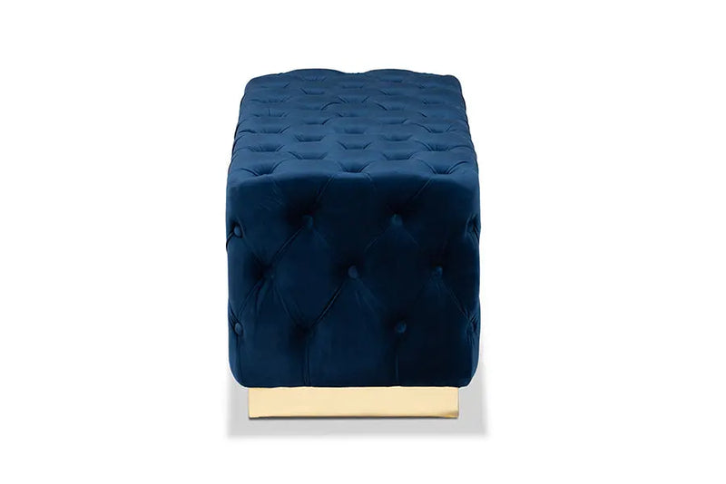 Lancashire Royal Blue Velvet Fabric Upholstered Gold Finished Round Cocktail Ottoman iHome Studio