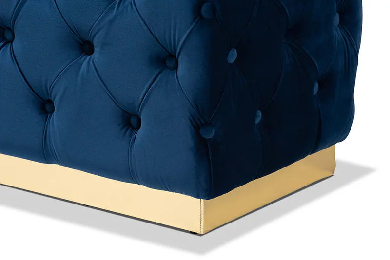 Lancashire Royal Blue Velvet Fabric Upholstered Gold Finished Round Cocktail Ottoman iHome Studio