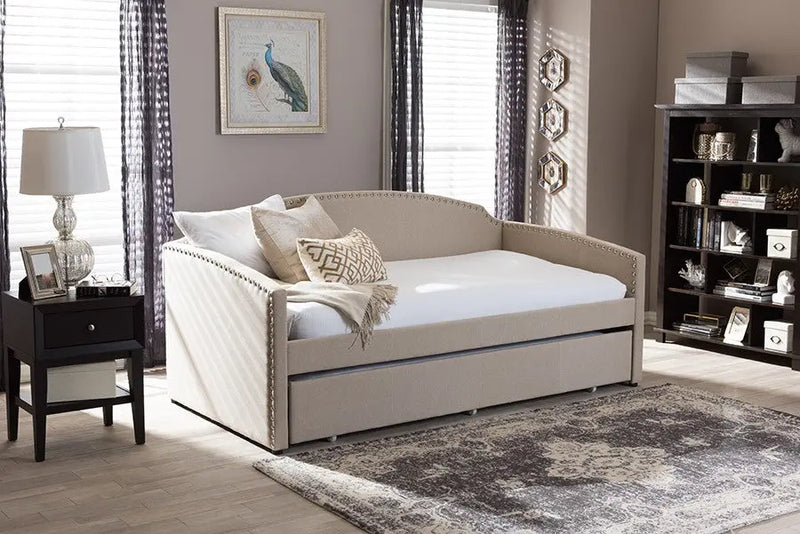 Lanny Beige Linen Fabric Sofa Twin Daybed with Roll-Out Trundle Guest Bed iHome Studio