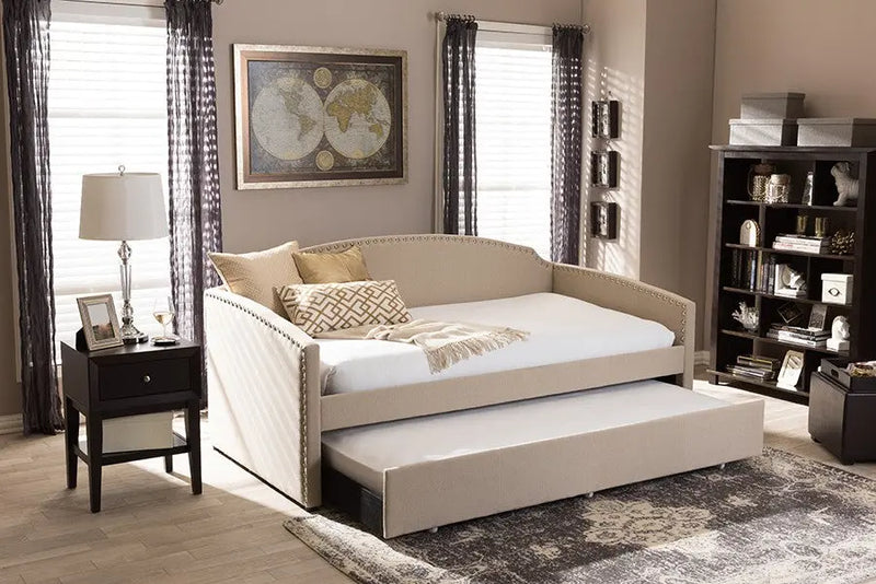 Lanny Beige Linen Fabric Sofa Twin Daybed with Roll-Out Trundle Guest Bed iHome Studio