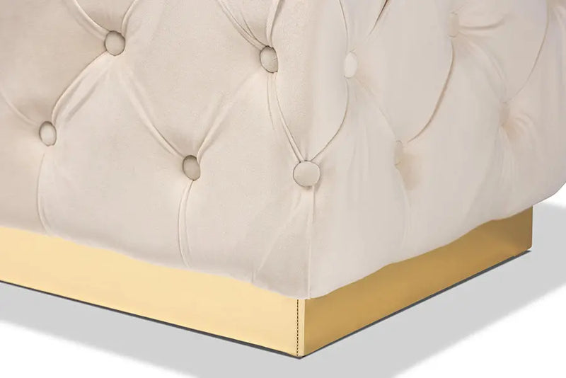 Larissa Grey Velvet Fabric Gold Finished Tufted Storage Ottoman iHome Studio