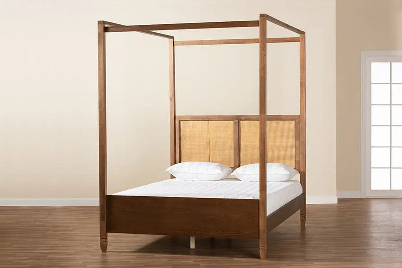 Leicester Walnut Brown Finished Wood , Synthetic Rattan Canopy Bed (King) iHome Studio