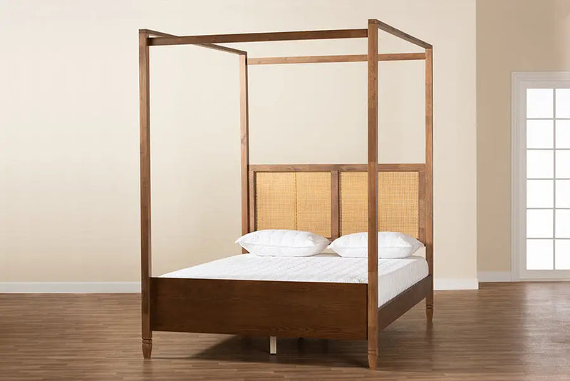 Leicester Walnut Brown Finished Wood , Synthetic Rattan Canopy Bed (Queen) iHome Studio