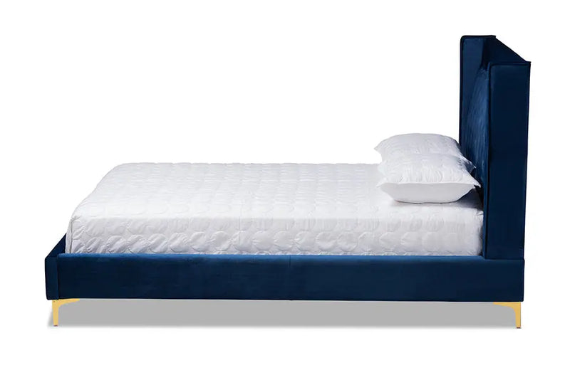 Leilani Navy Blue Velvet Fabric Platform Bed w/Gold-Legs (King) iHome Studio