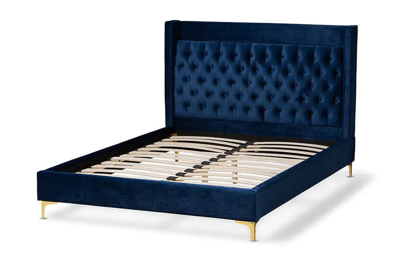 Leilani Navy Blue Velvet Fabric Platform Bed w/Gold-Legs (King) iHome Studio