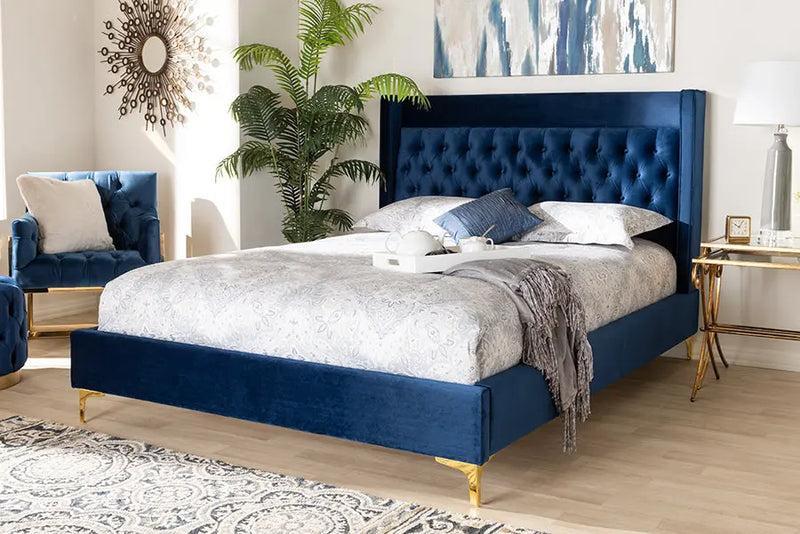 Leilani Navy Blue Velvet Fabric Platform Bed w/Gold-Legs (King) iHome Studio