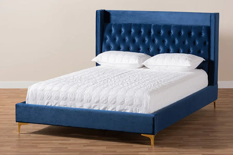 Leilani Navy Blue Velvet Fabric Platform Bed w/Gold-Legs (King) iHome Studio