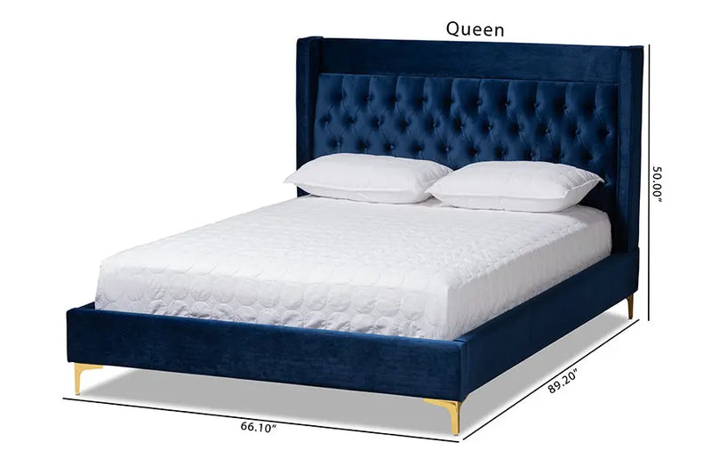 Leilani Navy Blue Velvet Fabric Platform Bed w/Gold-Legs (King) iHome Studio