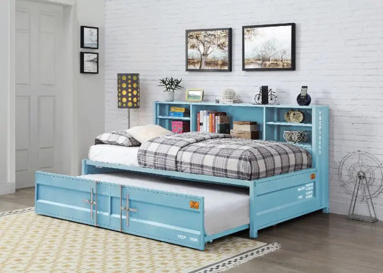 Lena Shipping Container Style Twin Daybed w/Trundle and Bookcase Storage, Aqua iHome Studio