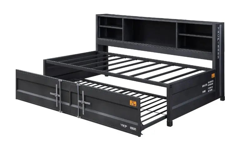 Lena Shipping Container Style Twin Daybed w/Trundle and Bookcase Storage, Gunmetal iHome Studio