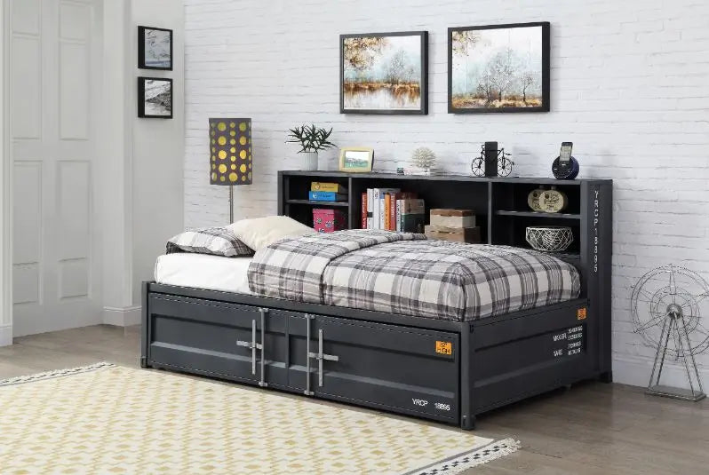 Lena Shipping Container Style Twin Daybed w/Trundle and Bookcase Storage, Gunmetal iHome Studio