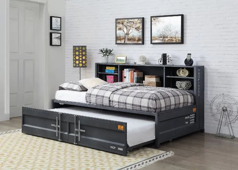 Lena Shipping Container Style Twin Daybed w/Trundle and Bookcase Storage, Gunmetal iHome Studio