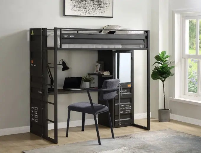 Lena Shipping Container Style Twin Loft Bed, Gunmetal Finished w/Wardrobe iHome Studio