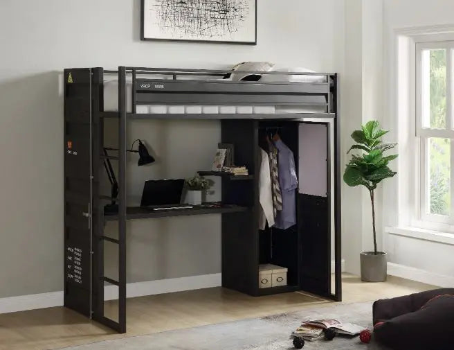 Lena Shipping Container Style Twin Loft Bed, Gunmetal Finished w/Wardrobe iHome Studio