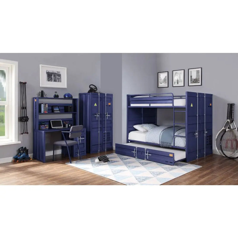 Lena Shipping Container Style Twin/Twin Metal Bunk Bed w/Trundle, Blue iHome Studio