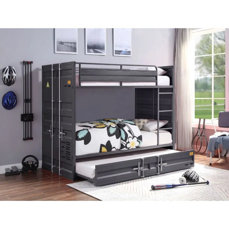 Lena Shipping Container Style Twin/Twin Metal Bunk Bed w/Trundle, Gunmetal iHome Studio