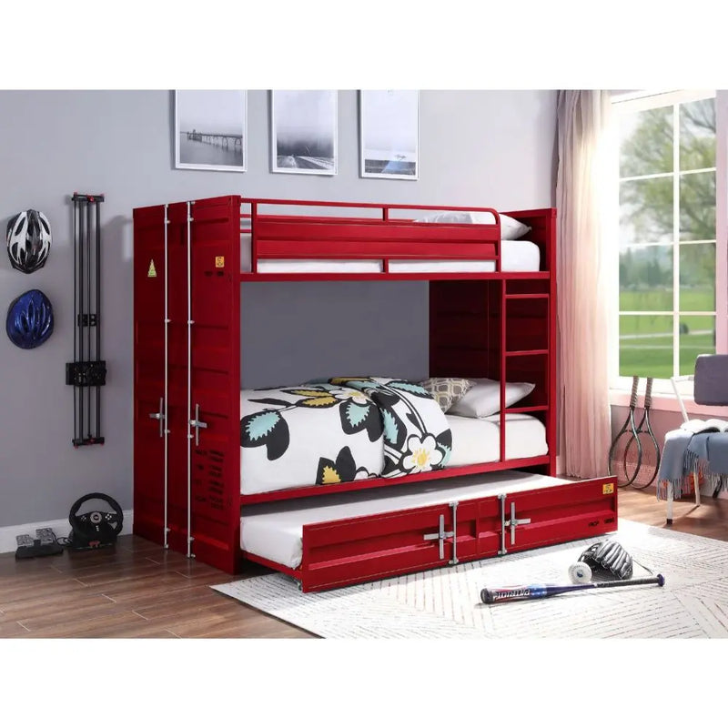 Lena Shipping Container Style Twin/Twin Metal Bunk Bed w/Trundle, Red iHome Studio