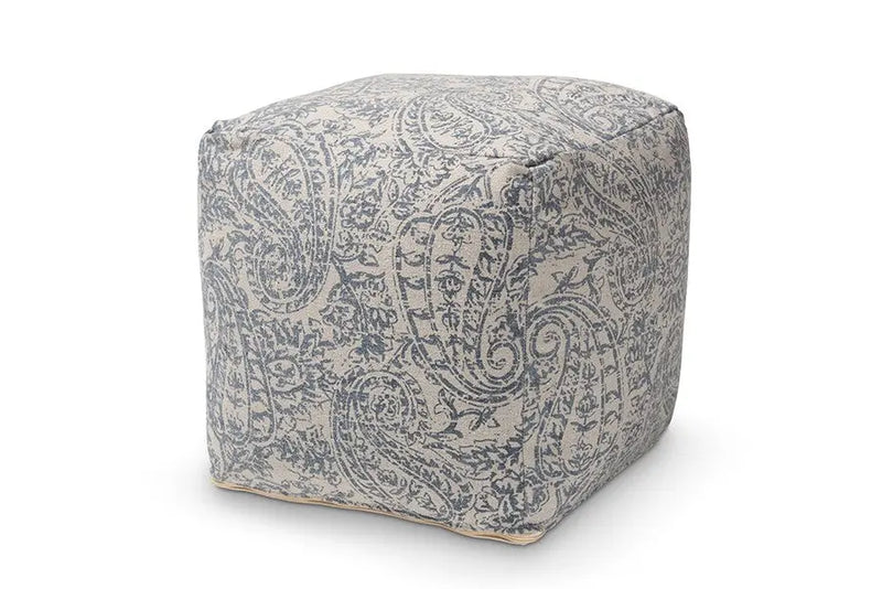 Leo Grey and Blue Handwoven Cotton Paisley Pouf Ottoman iHome Studio