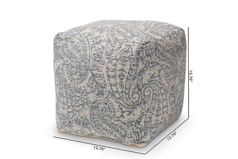 Leo Grey and Blue Handwoven Cotton Paisley Pouf Ottoman iHome Studio