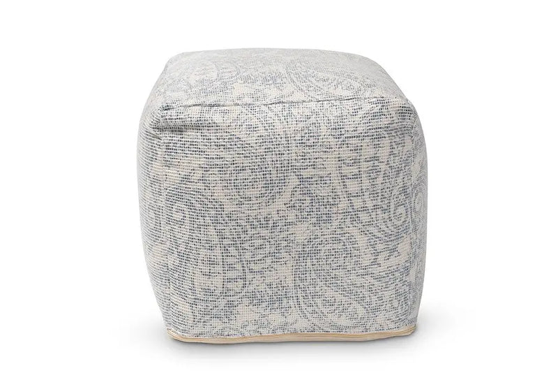 Leo Ivory and Blue Handwoven Cotton Paisley Pouf Ottoman iHome Studio