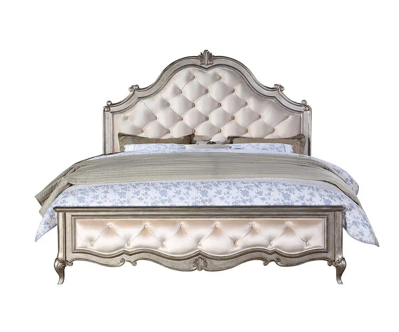 Leona California King Bed w/Tufted Headboard, Velvet & Antique Champagne iHome Studio