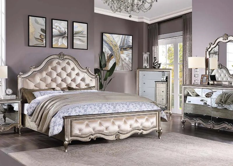 Leona California King Bed w/Tufted Headboard, Velvet & Antique Champagne iHome Studio