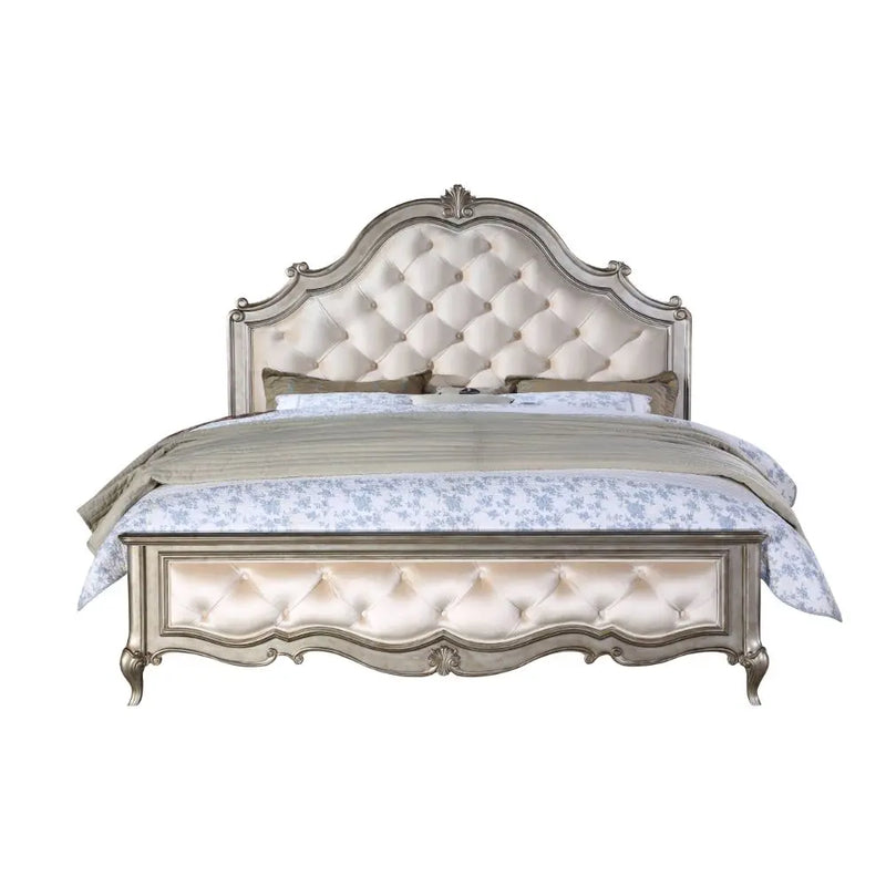 Leona Queen Bed w/Tufted Headboard, Velvet & Antique Champagne iHome Studio