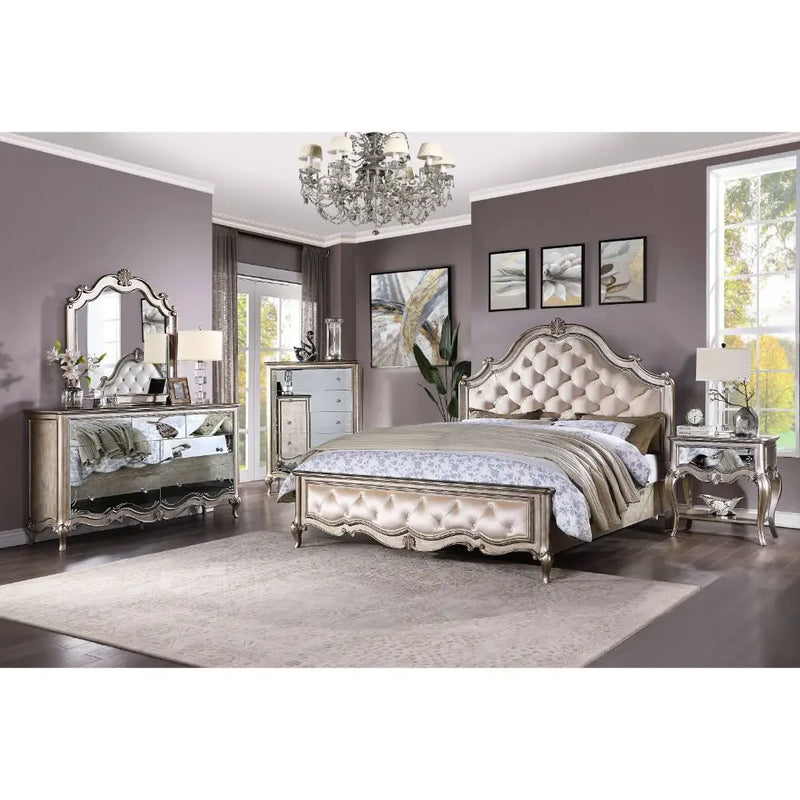 Leona Queen Bed w/Tufted Headboard, Velvet & Antique Champagne iHome Studio