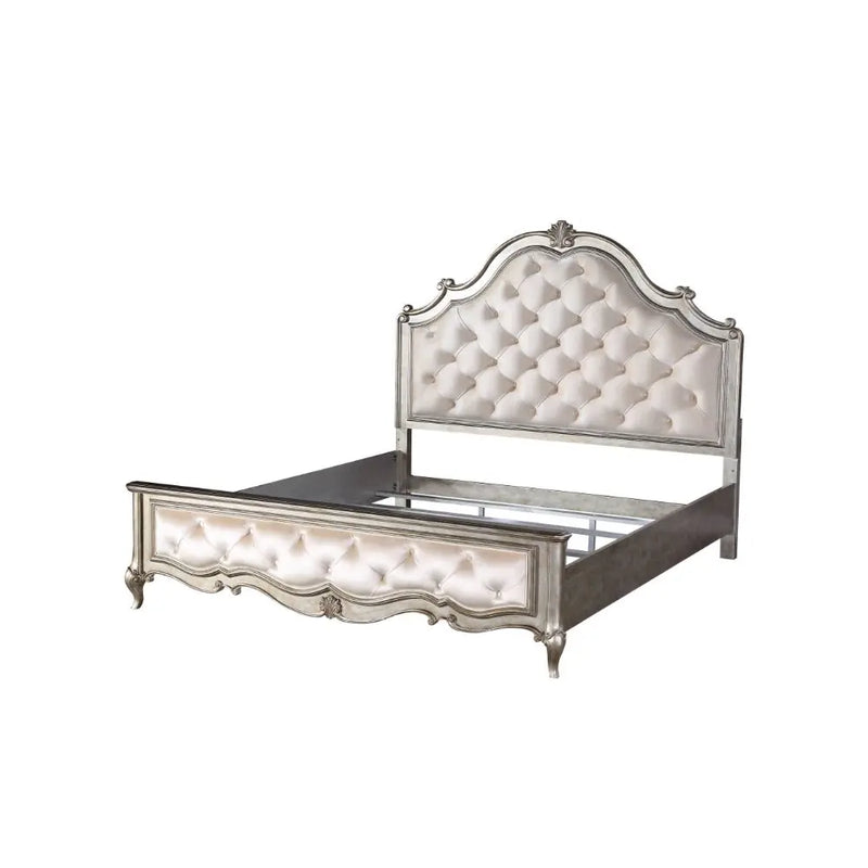 Leona Queen Bed w/Tufted Headboard, Velvet & Antique Champagne iHome Studio