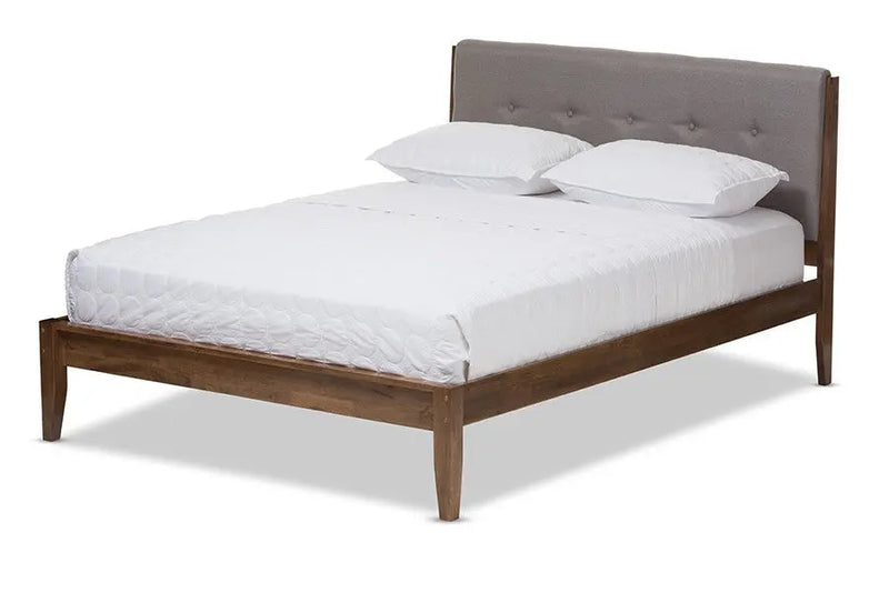 Leyton Light Grey Fabric & Brown Finish Wood Platform Bed w/Tapered Legs (Queen) iHome Studio